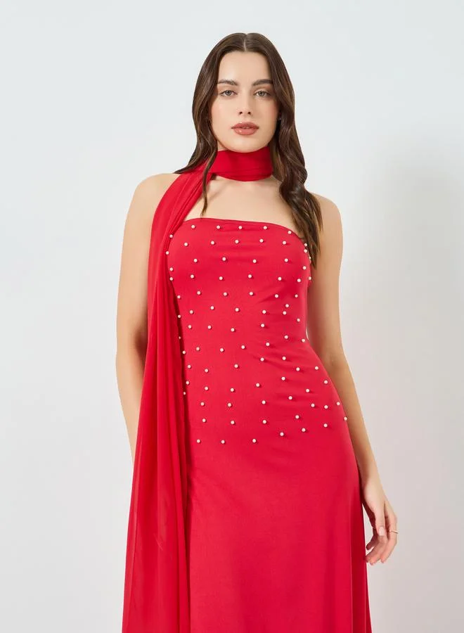 تايك تو فستان طويل ضيق مزين بآلئ صناعية مع شال للنساء